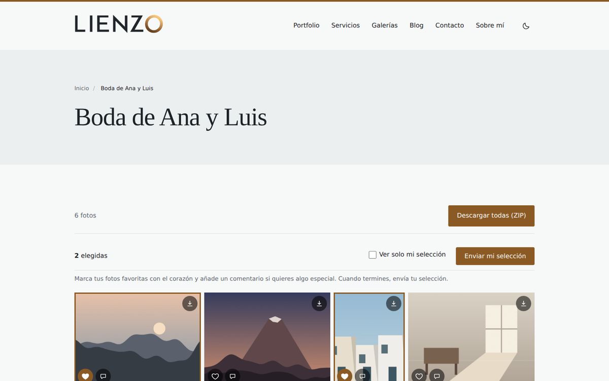 Galería privada vista por el cliente, con dos fotos elegidas