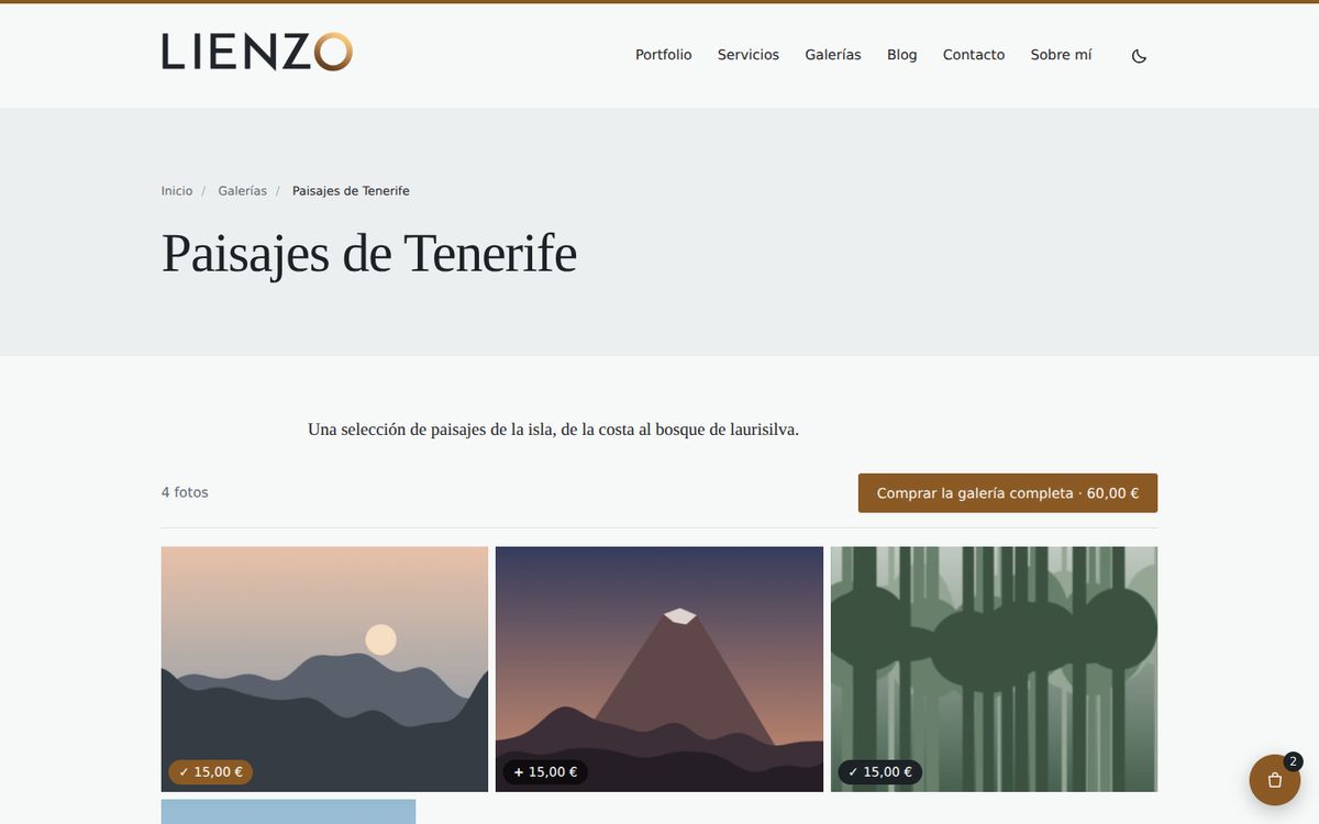 Galería pública con fotos a la venta dentro de una web hecha con Lienzo